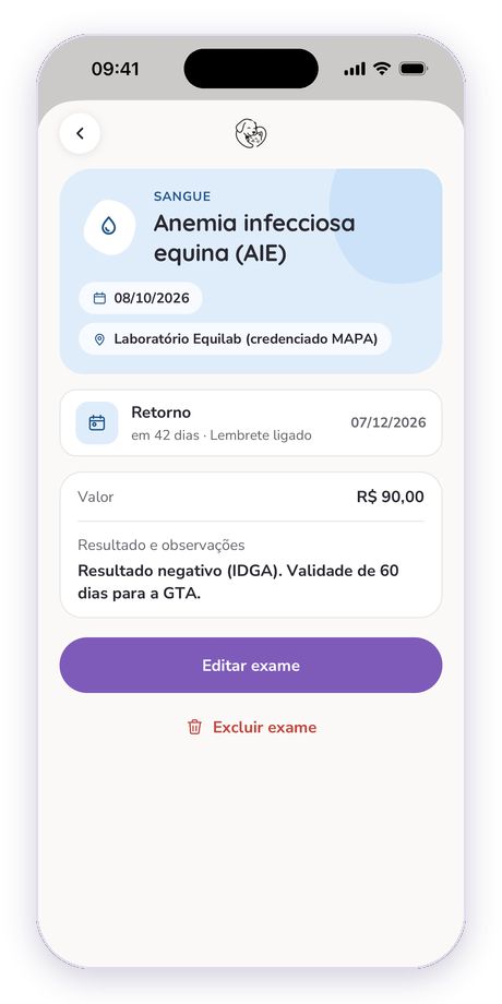 Exame de anemia infecciosa equina do cavalo Trovão com a data da coleta e o retorno antes do vencimento no app Bichudo