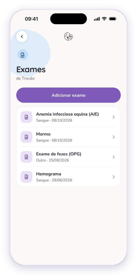 Lista de exames do cavalo Trovão com AIE e mormo para a GTA no app Bichudo