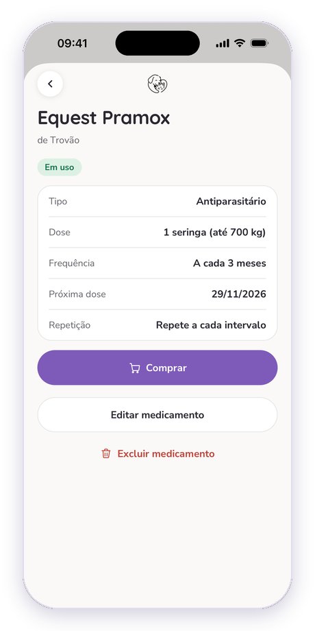 Vermífugo do cavalo Trovão a cada 3 meses, com a data da próxima dose no app Bichudo