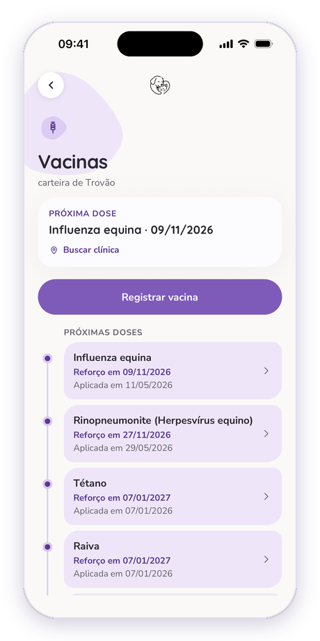 Carteira de vacinas do cavalo Trovão com o tétano e a data do próximo reforço no app Bichudo