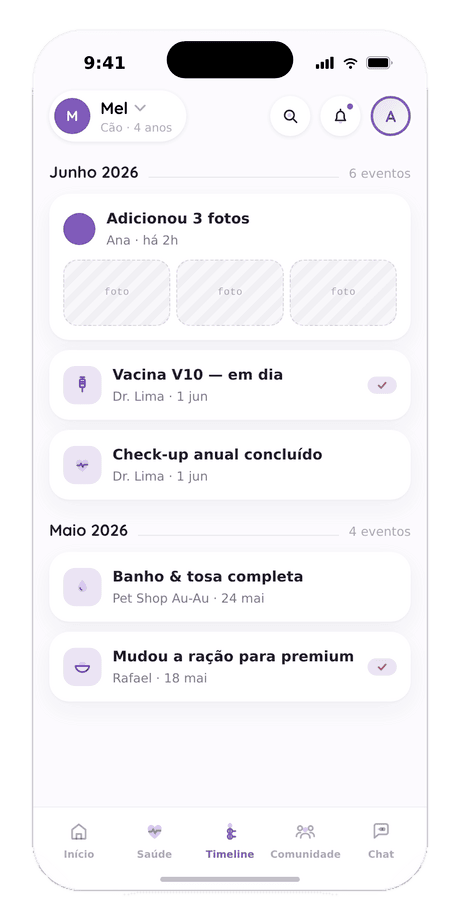 Timeline de saúde do pet no app Bichudo